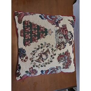 VTG Embroidered Christmas Tapestry Pillow 15x15 Snowman Santa Christmas‎ Tree